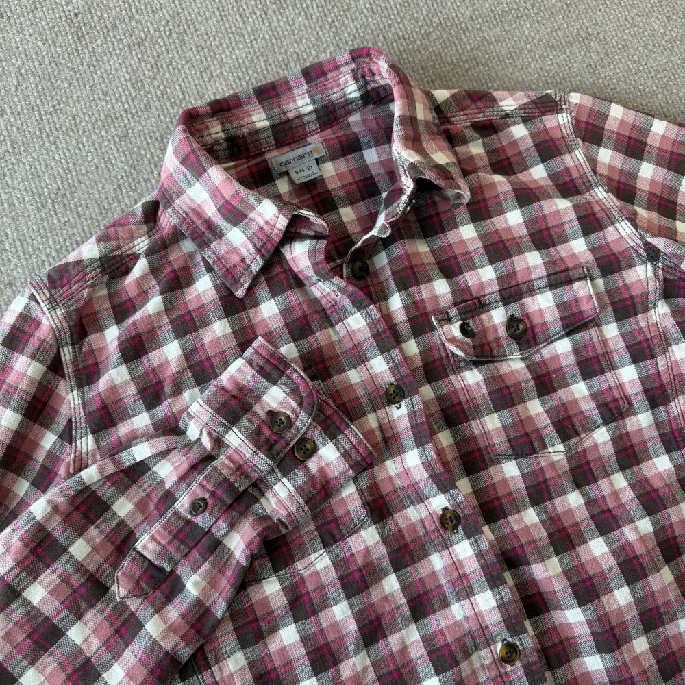 Carhartt Flannel Shirt Kids Small (4/6) Pink White Plaid Cotton Pockets